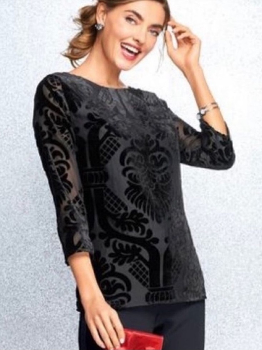 RSVP by Talbots Black Velvet Burnout Blouse Small Devore 3/4 Sleeve NWT Damask